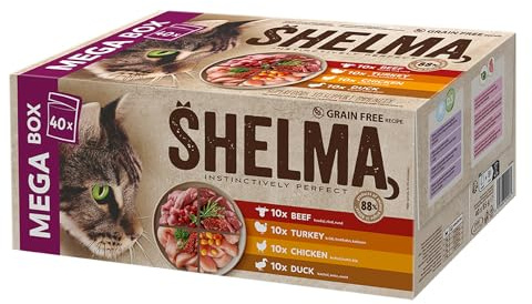 Shelma Katzen-Nassfutter Fleisch Megapack mit den Sorten Rind, Truthahn, Huhn und Ente – Getreidefreies Alleinfuttermittel mit hohem Fleischanteil – 40 x 85 g (3,4 kg)