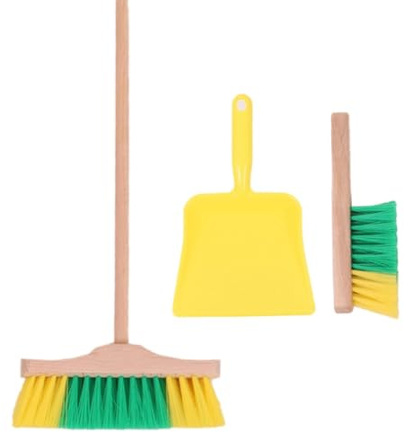 Kinderbesen Set aus Holz | Handfeger und Schaufel | Farbenfrohes Reinigungs-Set für Kinder | Gelb-Grün