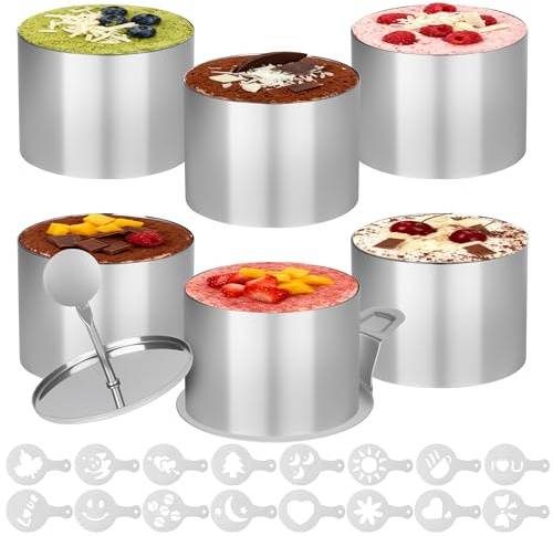 6 Stück Dessertringe Set, 7.5cm, Profi Tortenring, 16 Schablonen, Runde Mousse-Ringe, Wiederverwendbar Speiseringe Set für Weihnachten Nachspeise Mousse Torte Reiskugel Rund DIY Desserts