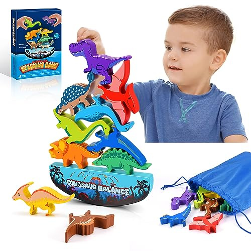 DejaNard Dinosaurier-Stapelspielzeug aus Holz, Montessori Spielzeug & Weihnachts-Geschenke für Kinder