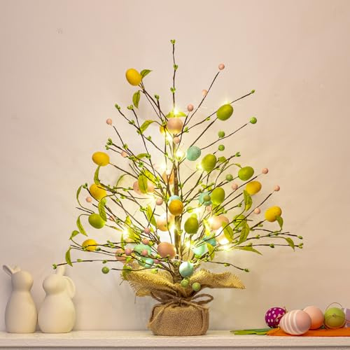 Ostern Deko Lichterbaum, 51cm Groß Ostereierbaum mit Licht, Osterbaum mit Bunte Ostereier, Tischdeko Ostern Osterdekoration für Innen Zuhause Party