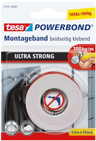 tesa Powerbond ultra strong Montageband - doppelseitiges, extra starkes Klebeband zur permanenten Befestigung im Außen- und Innenbereich - 1,5 m