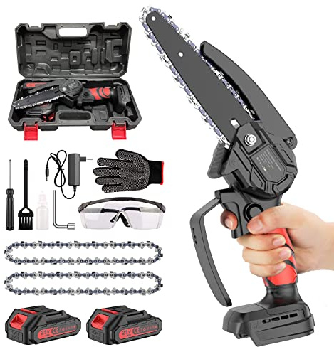 ponoseu Akku-Kettensäge 6 Zoll, Mini-Kettensäge mit Akku-Kettensäge, elektrische Einhand-Kettensäge, elektrisch, 2 x 2000 mAh Akku