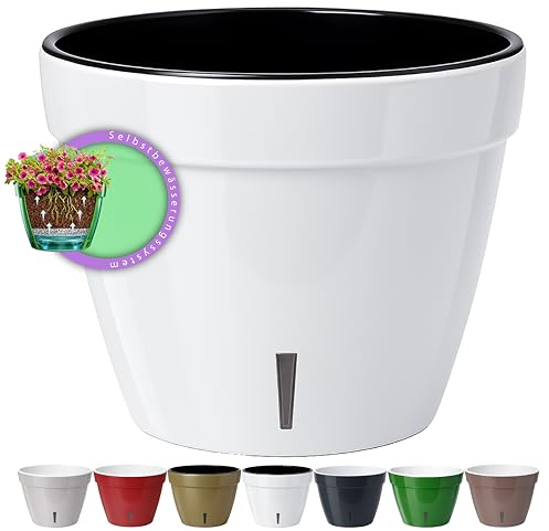 Santino ASTI 6L Selbstwässernder Blumentopf mit Wasserstandsanzeiger | Rund Premium Qualität Innen Blumentopf für Blumen, Anlagen, Kräuter (Ø 23,5 cm, H 18 cm, 6L - White/Black)
