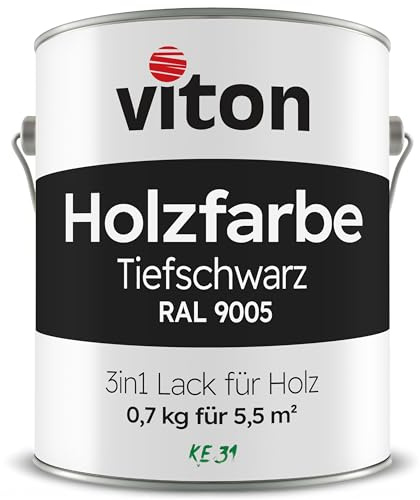 Viton Holzfarbe in Schwarz - 0,7 Kg Holzlack Seidenmatt - Wetterschutzfarbe für Außen - 3in1 Grundierung & Deckfarbe - Profi-Holzschutzlack - KE31 - RAL 9005 Tiefschwarz