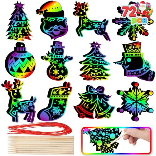 JOYIN Spooktacular Creations Regenbogen Farbe Kratzer Weihnachtsschmuck, 72 Stück Bastelset Kratzbilder Spielzeug für Kinder, Inklusive Schneemann, Schneeflocken, Weihnachtsbaum und Rentier