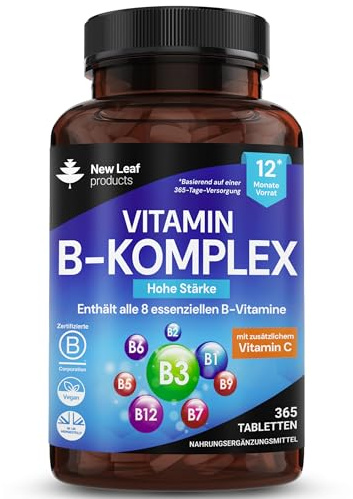 Vitamin B-Komplex – 365 kleine Tabletten – alle 8 B-Vitamine B1-B2-B3-B5-B6-B12 (1 Jahrvorrat) hochfestes Biotin, Folsäure und Vitamin C – Reduzierung von Müdigkeit, Energie und Immununterstützung