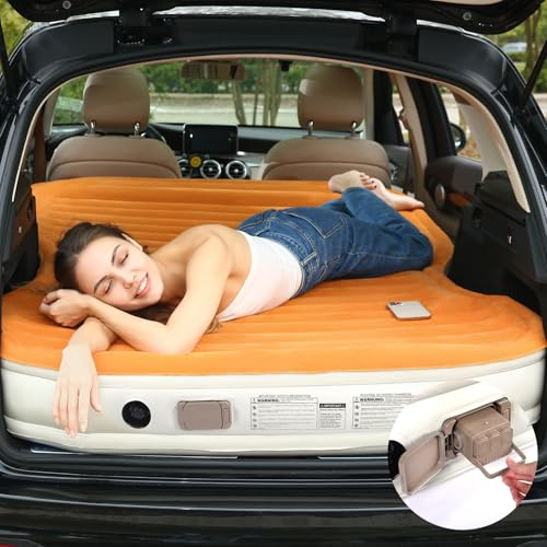 KMZ SUV-Luftmatratze mit eingebauter Pumpe und 2 Kissen, Dickes flockiertes PVC, schnelle 90-Sekunden-Inflation, tragbare und langlebige Auto-Luftmatratze für Camping, Reisen, LKW