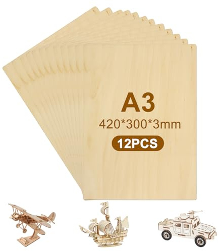 12 Stück Sperrholzplatte 3mm A3 (420x300mmx3mm) - Birkensperrholz für Laser & CNC, Ideales Lasercutter Holz für Modellbau, Basteln und Design - Glatte Oberfläche, Saubere Schnitte