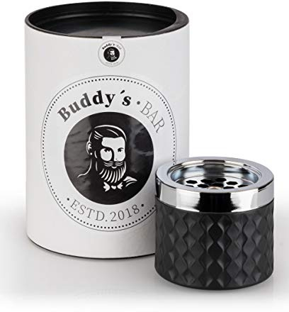 Buddy´s Bar – Windascher „Romeo“, hochwertiger Wind-Aschenbecher aus Glas mit Bajonettverschluss, Metall verchromt im gefrosteten Glas-Look, 9,5 cm x 9,5 cm x 8 cm, matt schwarz