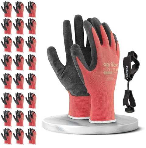 FUZZIO 24 Paar Arbeitshandschuhe Herren Gr 10, Mechaniker Handschuhe Rot, Gartenhandschuhe Herren, Arbeitshandschuhe Damen, Montagehandschuhe Herren, Latex Beschichtung mit Handschuhclip