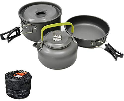 JZK Camping Kochgeschirr Set 2-3 Personen Faltbare Camping-Kochtopf Set Stieltopf Pfanne Teekanne, Aluminium, für Outdoor Picknick Camping und Wanderreisen