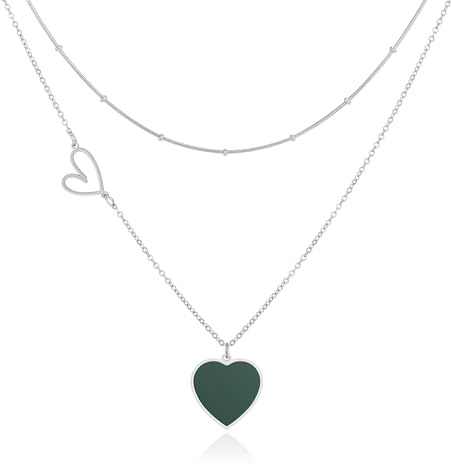 Linawe Herzkette Herz Kette Halskette Damen, Silberkette Edelstahlkette Edelstahl Schmuck Jewelry, Grün Layering Kette Set Silber Kette mit Anhänger, Trachtenschmuck Necklace