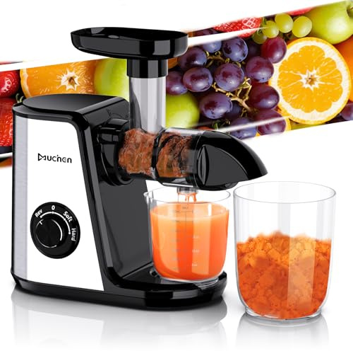 Muchen Slow Juicer Entsafter Gemüse und Obst 150W Leiser Motor, Rückwärtszerkleinerung, Einfache Reinigung, Edelstahl Design in Schwarz & Silber, inkl. Rezeptbuch