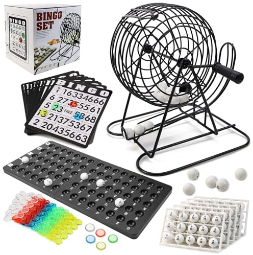 UVVRUR Bingo Spiel, Metalltrommel, Bingo Spiel Set, Lostrommel mit Kurbel 18 Bingotickets 150 Farbige Transparente Kunststoffplatten 75 Bingo Kugeln Schwarz Spielbrett Erwachsene Kinder Basic (A)