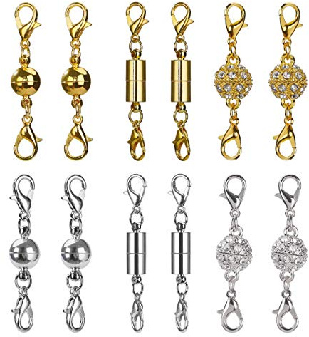 Magnet Schmuck-Verschlüsse Magnetische Karabinerverschlüsse für DIY, Armband, Halskette Schmuck Making, Strass Ball Stil, Zylindrische und Ball Ton (Silber und Gold) 12 Stücke