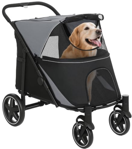 PawHut Hundewagen für große und mittelgroße Hunde, Hundebuggy Grau | mit Kissen, faltbarer Hundetrolley mit Netzfenster, Sicherheitsleinen, Tasche, Katzenbuggy , Hundetrolley, Oxfordstoff
