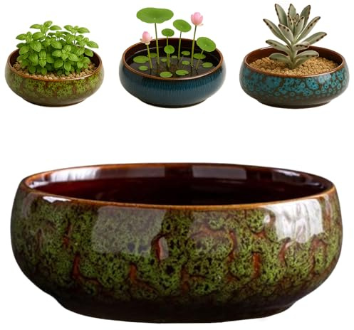 Oncpcare Lotus Pflanzschale aus Glasierter Keramik (Grün) – Flaches Indoor Pflanzgefäß für Wasserpflanzen, Lotus-Samen, Sukkulenten und Bonsai, Ideal für Hydrokultur und Wohnraum-Deko