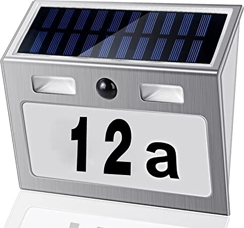 MOLVCE Solar Hausnummer Beleuchtete mit Bewegungsmelder Aussen | Edelstahl Solarhausnummer mit Dämmerungsschalter Wasserdicht, 7 LED Solar Hausnummerleuchte mit Nummern und Buchstaben