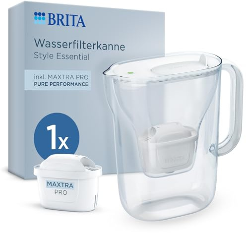 BRITA Wasserfilter Kanne Style Essential weiß (2,4l) inkl. 1x BRITA MAXTRA PRO Pure Performance – Kühlschrankgeeignete Kanne mit Smart Light LED & Klapp-Deckel, filtert Verunreinigungen & mehr