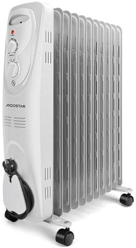 Aigostar Ölradiator 2300W, 11 Rippen, 3 Heizstufen, Thermostat | Energiesparender Betrieb, regelbare Wärme, mobile Nutzung, ideal für Wohnzimmer, Schlafzimmer und Arbeitszimmer.