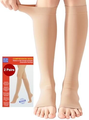 2 Paar Medizinische Kompressionsstrümpfe Damen & Herren 20-30 mmHg, Klasse 2, Offene Spitze Abgestufte Unterstützung Stützstrümpfe für Krampfadern Ödeme Flug (2x Beige, L)
