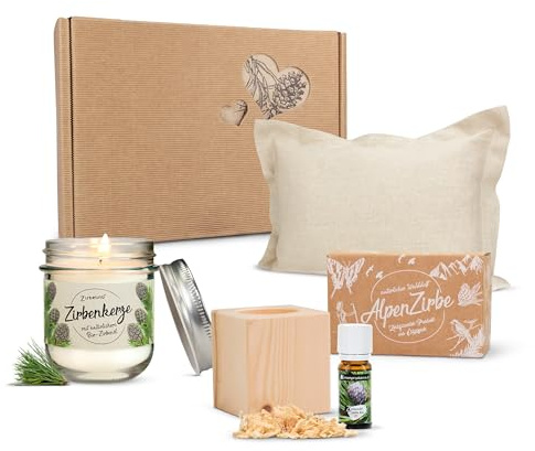 Zirbelino Zirben Erlebnis Geschenksbox Nr.5: Bio-Zirbenkissen mit ZirbenWürfel-Set und Zirbenduftkerze