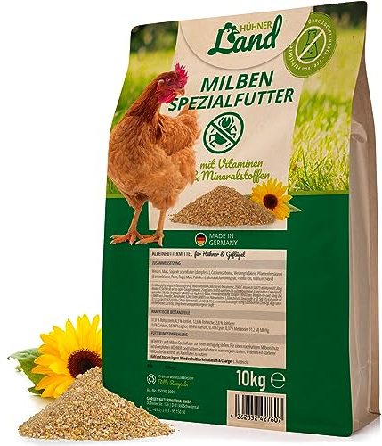 HÜHNER Land Milben-Spezial Hühnerfutter mit Vitaminen & Mineralstoffen 10kg - Ohne Farbstoffe & Zuckerzusätze, Premium Körner- und Saatmischung, Abwechslung Hühner Alleinfutter
