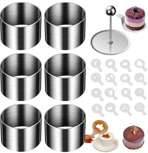 JUAEYIDDS Kuchenring Tortenring Set Mousse Schablonen Kleine Kuchenringe Set Edelstahl Kuchenring Dessertringe Geeigne Runde Speiseringe für Mousses, Desserts, Kuchen, DIY Ø 6cm (6)