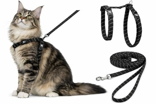 katzengeschirr - große Katze Elza schwarz - 22-32cm - 35-56cm - Leine 120cm - Nylon verstellbar - reflektierend - mit karabiner