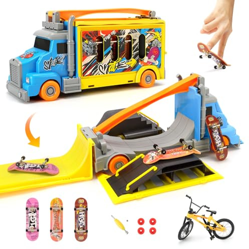 Aolieh Fingerboard Rampe Set, verwandelbarer Truck zum Mini Skatepark, Skateboard Rampe mit 3 Finger Skateboards und 1 Finger Bike, tragbares Fingerboard Spielzeug für Kinder ab 3 Jahren