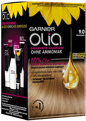 Garnier Olia Dauerhafte Haarfarbe 9.0 Hellblond, ohne Ammoniak, permanente Coloration, bis zu 100% Grauabdeckung, langanhaltende Farbe bis zu 8 Wochen, intensiver Glanz, 3 x 1 Stück