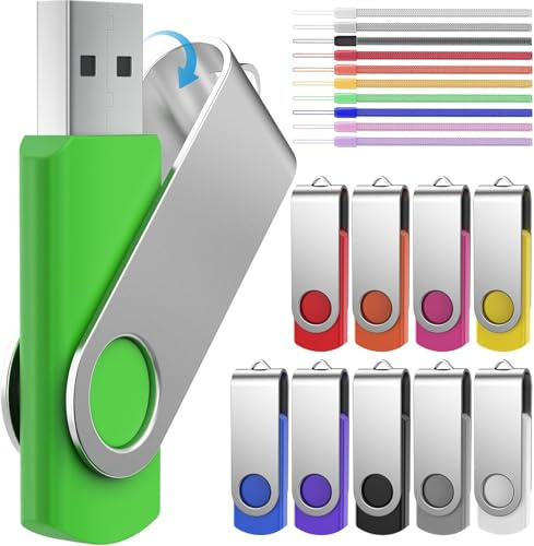 FEBNISCTE USB Sticks 16GB - Bunt USB Stick Rotate Metall 10 Stück, | Einklappbarer USB-Sticks 16 Gigabyte 10er,Tragbar Flash Drive für Filme/ Auto/ Computer,Pendrive Flash Laufwerk mit Lanyard