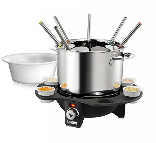 UNOLD 48645 Fondue-Elegance - Elektro-Fondue-Set, Wechseltopf (Edelstahl/Keramik), für 8 Personen, für Fleischfondue mit Öl/Bouillon und Schokoladen- oder Käsefondue