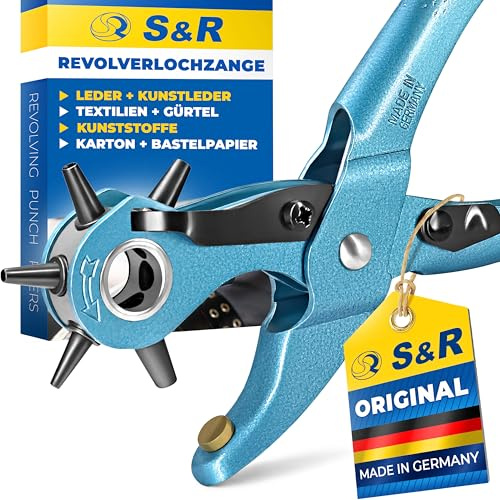 S&R Revolverlochzange Lochzange – Gürtellochzange Stanze für Leder & Gürtel, 6 Lochpfeifen 2-4,5mm Lochstanzer Löcher Leder Werkzeug für Uhrenarmbänder, Biothane, Stoff & Karton Ösen