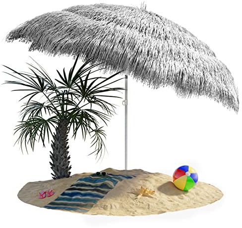 Kingsleeve® Sonnenschirm Hawaii Ø160cm Neigbar Höhenverstellbar UV Schutz 30+ Groß Rund Balkon Strand Strohschirm Strandschirm Bast Hawaiischirm Grau
