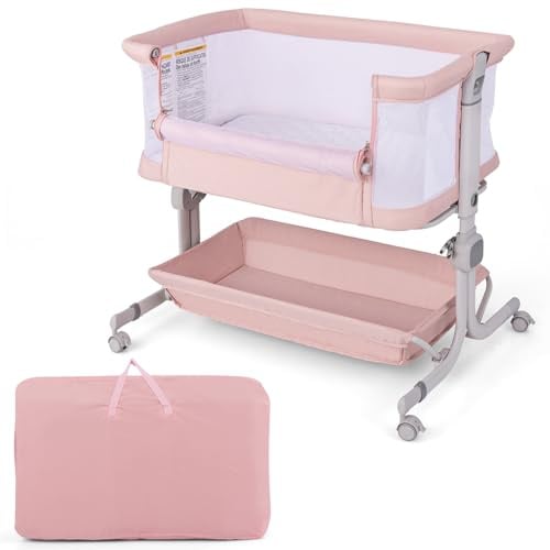 COSTWAY 3 in 1 Beistellbett, Reisebett Baby mit Matratze, Babybett 6 Fach höhenverstellbar mit Aufbewahrungskorb & Tragetasche, tragbarer Stubenwagen mit Rollen für Baby bis 6 Monaten (Rosa)
