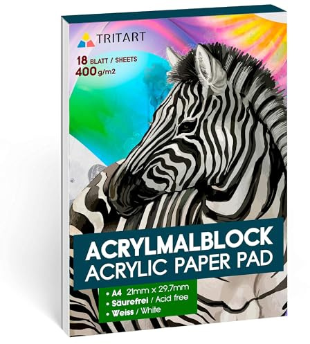 TRITART Zeichenblock für Acrylmalerei, 400 g/m² – A4 – Block mit 18 Blättern für Acryl – Zeichenpapier zum Malen – Zeichenblock