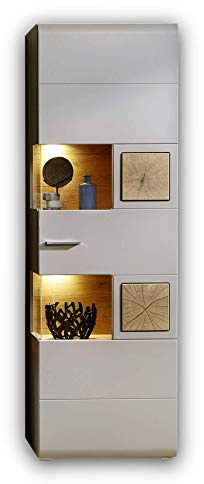 FUN PLUS 2 Große Vitrine Basalt mit Hirnholz-Applikationen LED Beleuchtung | 65 x 205 x 37 cm (B/H/T), Glasvitrine für das Wohnzimmer, Glas-Holztür, Eiche Dekorböden, Stauraum
