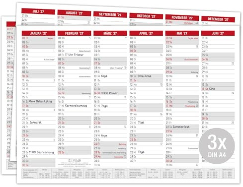 TOBJA® DIN A4 Tafelkalender 2027 Rot für Büro, Praxis & Werkstatt - Jahresplaner mit Ferien, Feiertagen & Kalenderwochen, 350g/m² Papier | Wandkalender Jahresplaner Querformat (3 Stück Papier)