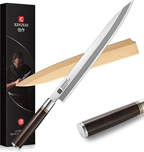 XINZUO 30cm Yanagiba Sashimi Messer X7Cr17MoV Edelstahl-Ebenholzgriff | Profi Traditionelles japanisches Kunsthandwerk Filetiermesser -Einzelfase Klinge-Koch Fischmesser-mit Scheide aus Birkenholz