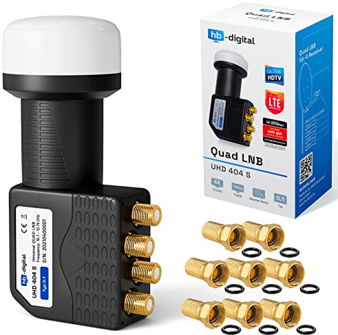 hb-digital Quad LNB - Test SEHR GUT* - für 4 Teilnehmer LTE Filter 4-Fach Full HD 4K 0.1dB mit Wetterschutz + 8X F-Stecker für TV Fernseher SAT Receiver Satellitenschüssel - Schwarz