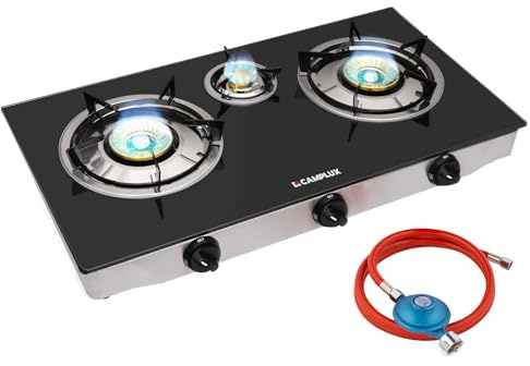 CAMPLUX TC03GB 3 Flammig Glas Gaskochfeld/ 6,25 kW LPG Gaskocher/Tragbar Campingkocher für Camping/ 72,5cm/ 50mbar Gasregler