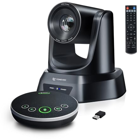 TONGVEO AI Auto-Tracking PTZ Konferenzkamera mit Bluetooth-Mikrofonen, 3X optischem Zoom, USB3.0, 1080P 60fps, 93° Weitwinkel, All-in-One Videokonferenzlösung für Kirche & Büro