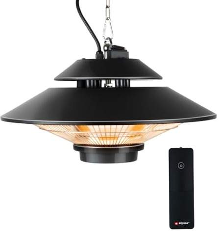 alpina Heizstrahler Terrasse GS-1500 - Infrarotheizung 1500W - Deckenheizstrahler für Innen- und Außeneinsatz - mit Fernbedienung - IP44 Zertifiziert - Deckenmontage - Ø42,5 x 12,5 CM - Schwarz
