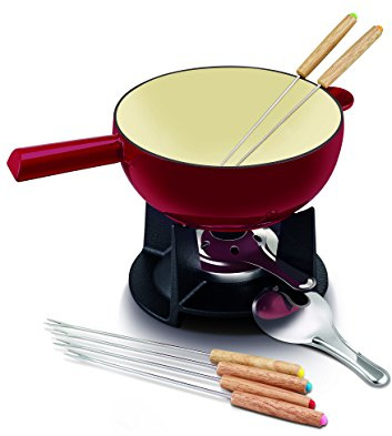 BEKA Gußeisen Fonduetopf für 6 Personen, Käse-Fondue, Induktionsgeeignet, Gusseisen, 2L, Rot, Authentisches Fondue Set, Inklusive 6 Fonduegabeln Und Brenner