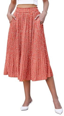 Hotouch Damen Midi Rock Sommer Polka Dot Plisseerock Lang Elastische Taille Chiffonrock Swing Elegant Maxirock mit Taschen Ziegelrot Größe XXL