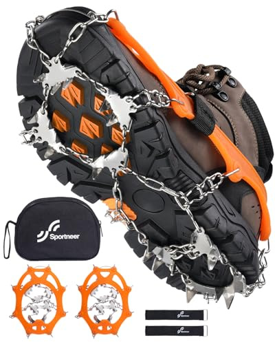 Sportneer Steigeisen Eisstollen Traktion, 28 Spikes Edelstahl Anti-Rutsch EIS Schnee Grips für Schuhe Stiefel, Sicherer Schutz für Gehen, Joggen, Angeln, Wandern