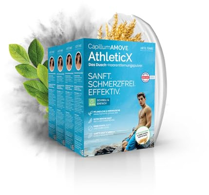 Capillum AMOVE AthleticX 4x300g Pulver Enthaarungscreme Intim für Männer Frauen Haarentfernung ohne synth. Zusatzstoffe mit Pflanzenteilen für sanfte Anwendung ohne Schmerzen