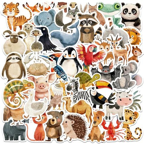 Dewocke Tier Sticker Set für Kinder, 50 Unikate Illustration Tiere Aufkleber, Belohnungsaufkleber, Vinyl Wasserfest & Robust, Universal für Laptop, Wasserflasche, Skateboard, Auto & mehr